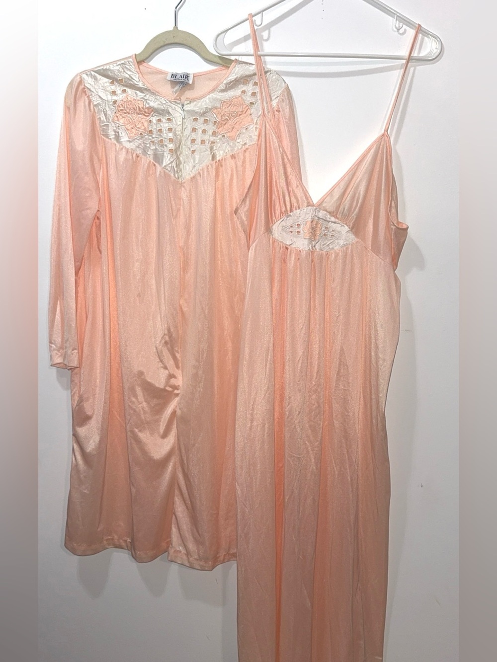 Blair Peach Satin Nightgown and Slip Set with Lace Accents